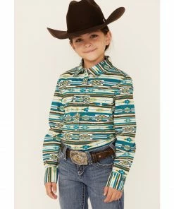 Rank 45 Girls' Teal & Yellow Southwestern Print Long Sleeve Snap Western Shirt 