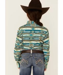 Rank 45 Girls' Teal & Yellow Southwestern Print Long Sleeve Snap Western Shirt  -Rank 45 shop 2000358147 442 P3