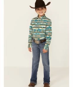 Rank 45 Girls' Teal & Yellow Southwestern Print Long Sleeve Snap Western Shirt  -Rank 45 shop 2000358147 442 P4