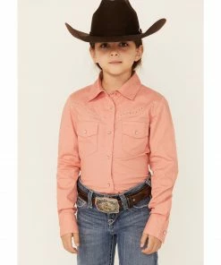 Rank 45 Girls' Solid Coral Rhinestone Yoke Long Sleeve Western Riding Shirt 