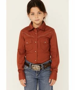 Rank 45 Girls' Solid Rust Rhinestone Yoke Long Sleeve Western Riding Shirt  Rust Copper -Rank 45 shop 2000358152 220 P1 1