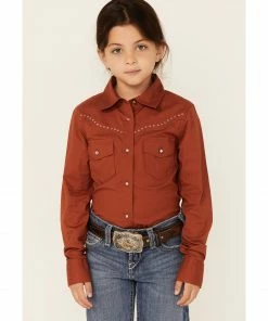Rank 45 Girls' Solid Rust Rhinestone Yoke Long Sleeve Western Riding Shirt  Rust Copper