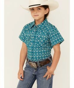 Rank 45 Girls' Floral Horse Print Short Sleeve Snap Rodeo Shirt  Teal