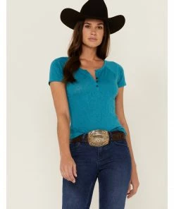 Rank 45 Women's Teal Southwestern Burnout Henley Tee