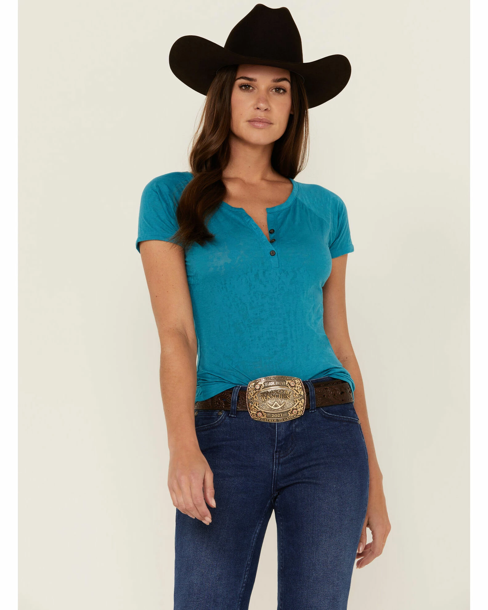 Rank 45 Women's Teal Southwestern Burnout Henley Tee 3 Rank 45 Women's Teal Southwestern Burnout Henley Tee