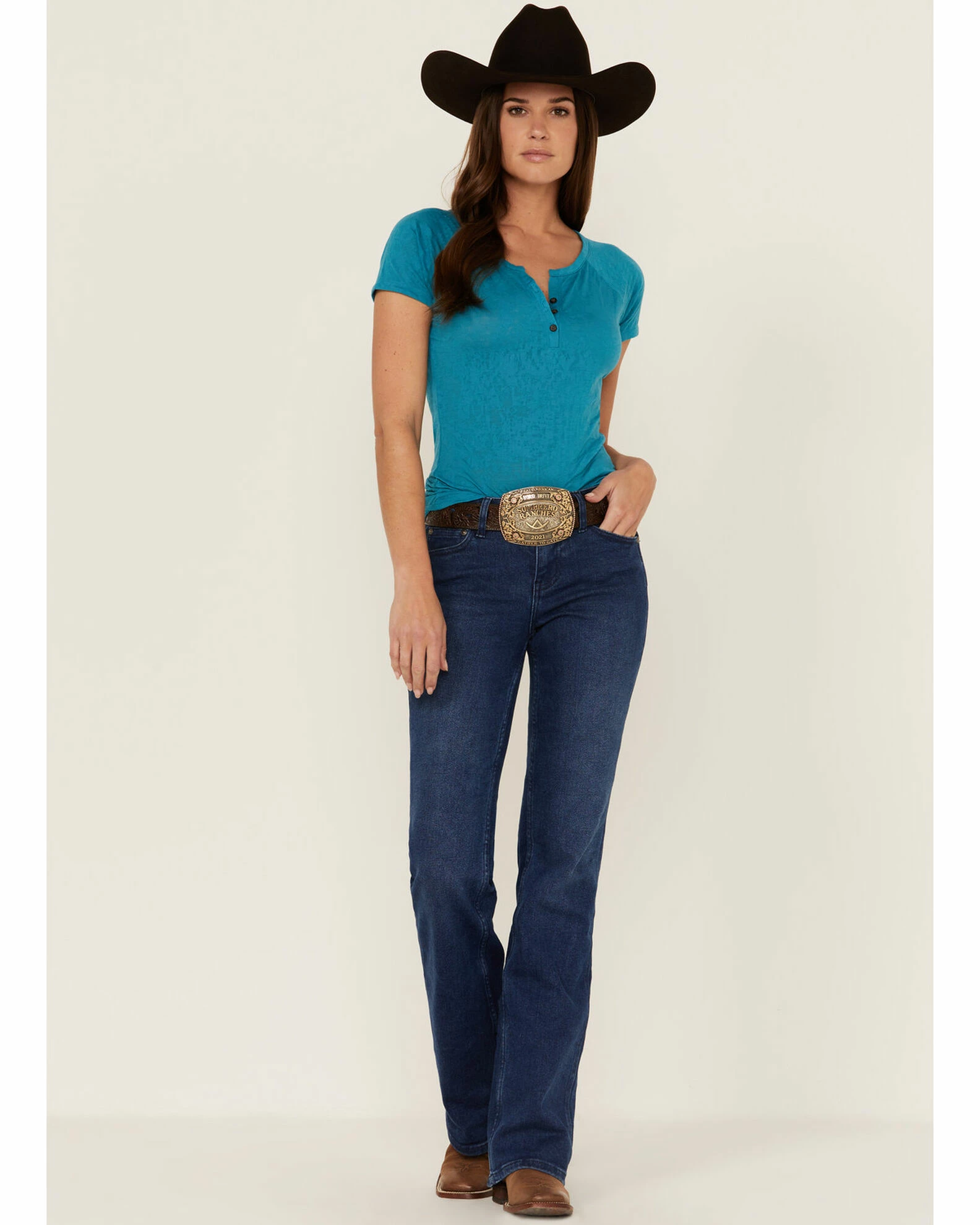 Rank 45 Women's Teal Southwestern Burnout Henley Tee 6 Rank 45 Women's Teal Southwestern Burnout Henley Tee - Image 4