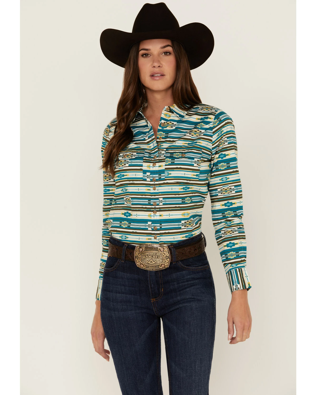 Rank 45 Women's Southwestern Teal Multi Print Riding Shirt 7 Rank 45 Women's Southwestern Teal Multi Print Riding Shirt - Image 5
