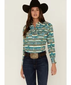 Rank 45 Women's Southwestern Teal Multi Print Riding Shirt