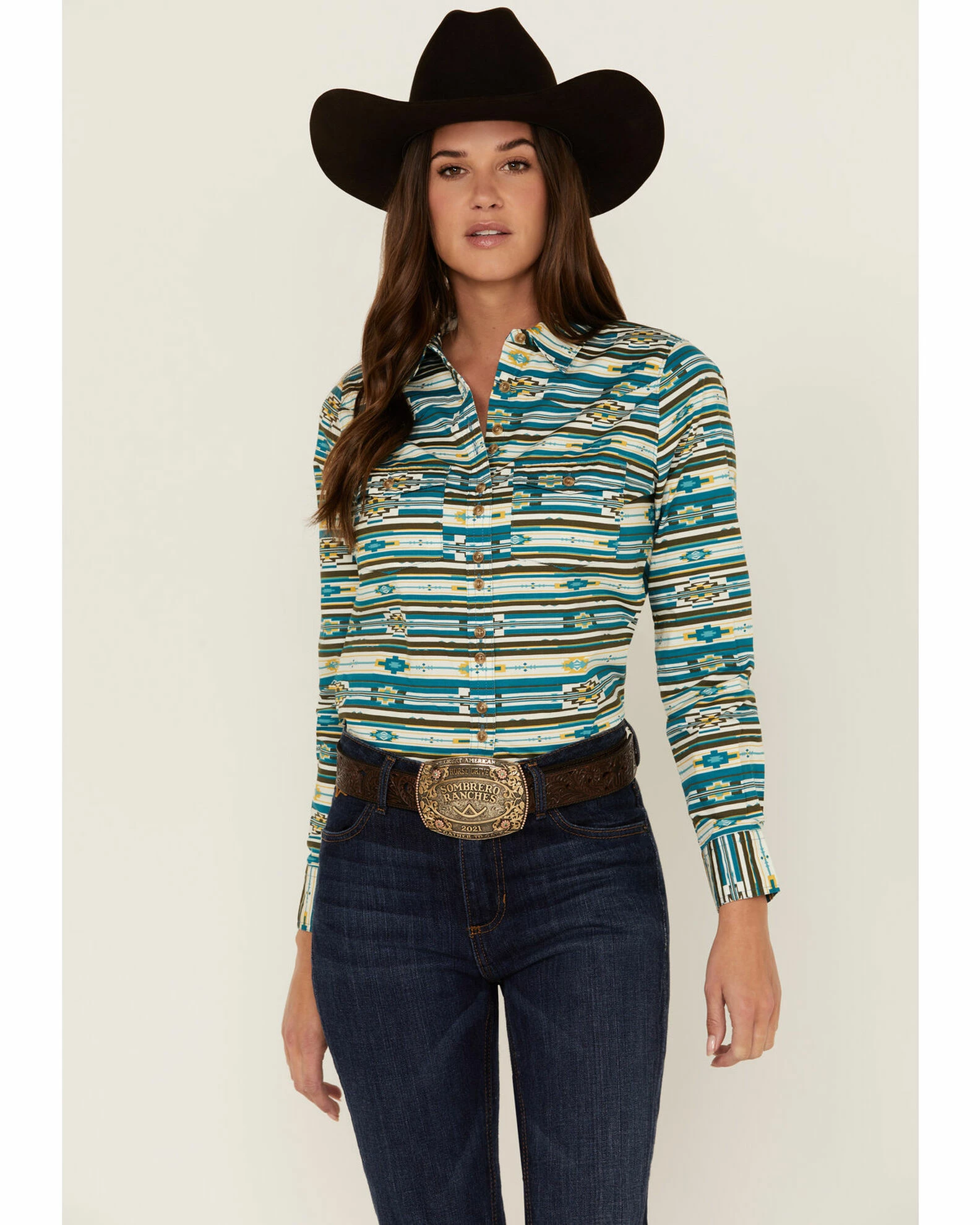 Rank 45 Women's Southwestern Teal Multi Print Riding Shirt 3 Rank 45 Women's Southwestern Teal Multi Print Riding Shirt
