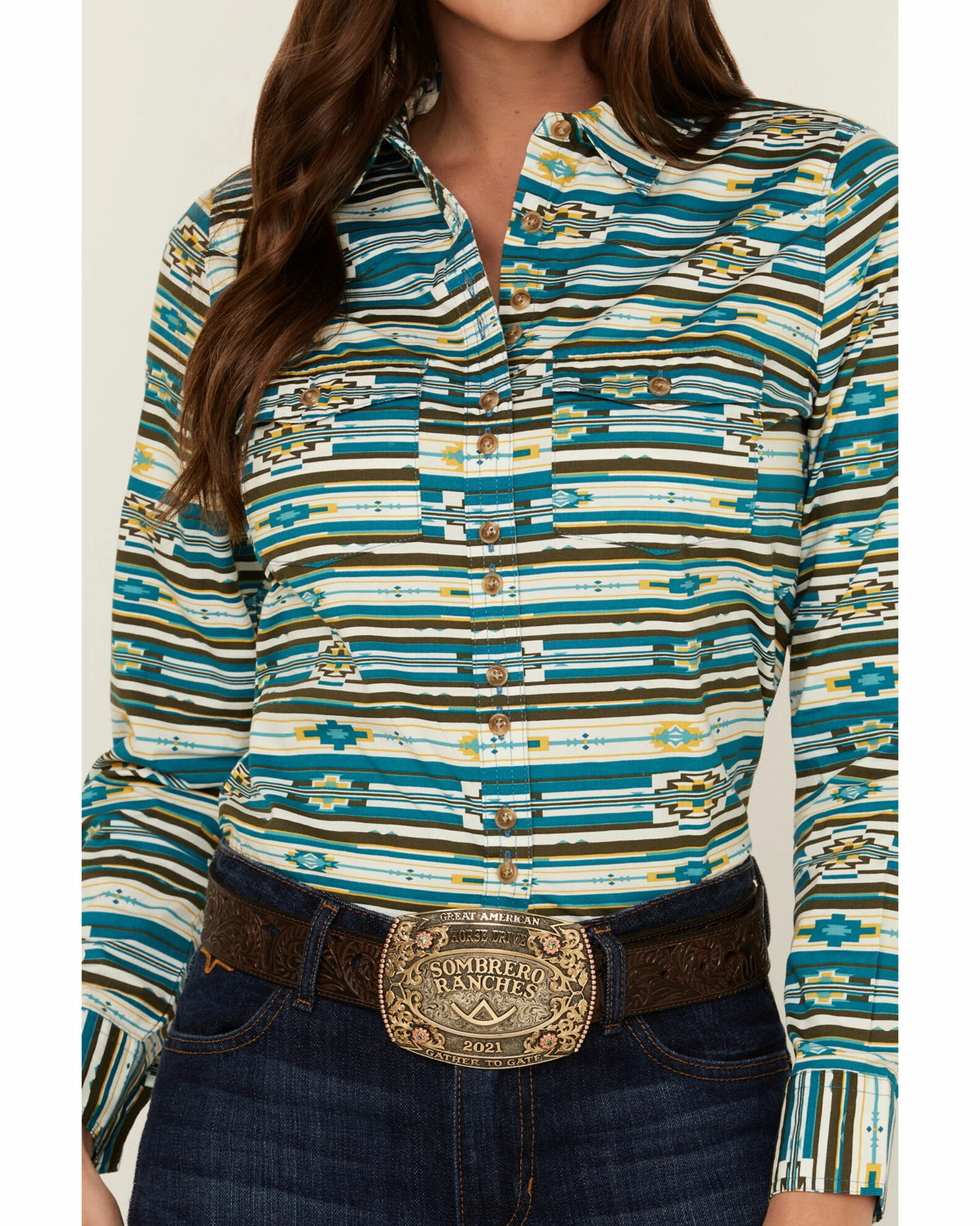 Rank 45 Women's Southwestern Teal Multi Print Riding Shirt 4 Rank 45 Women's Southwestern Teal Multi Print Riding Shirt - Image 2