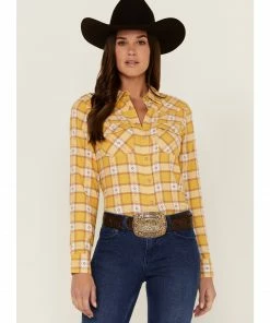 Rank 45 Women's Dobby Plaid Yellow Western Shirt
