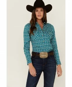 Rank 45 Women's Teal Western Tile Print Riding Shirt