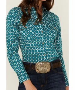 Rank 45 Women's Teal Western Tile Print Riding Shirt -Rank 45 shop 2000358400 442 P3