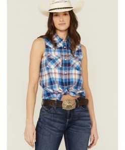 Rank 45 Women's Sleeveless Button Down Plaid Western Shirt  Blue -Rank 45 shop 2000358402 400 P1 1