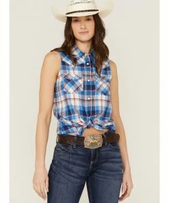 Rank 45 Women's Sleeveless Button Down Plaid Western Shirt  Blue