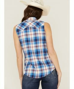 Rank 45 Women's Sleeveless Button Down Plaid Western Shirt  Blue -Rank 45 shop 2000358402 400 P4