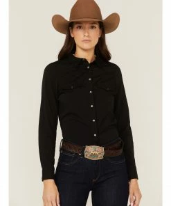 Rank 45 Women's Outdoor Vented York Riding Long Sleeve Snap Shirt Black