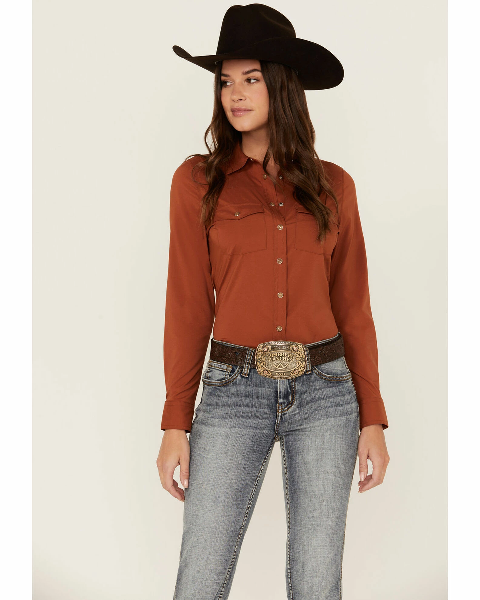 Rank 45 Women's Outdoor Riding Vented Yoke Long Sleeve Snap Shirt Rust Copper 4 Rank 45 Women's Outdoor Riding Vented Yoke Long Sleeve Snap Shirt Rust Copper - Image 2