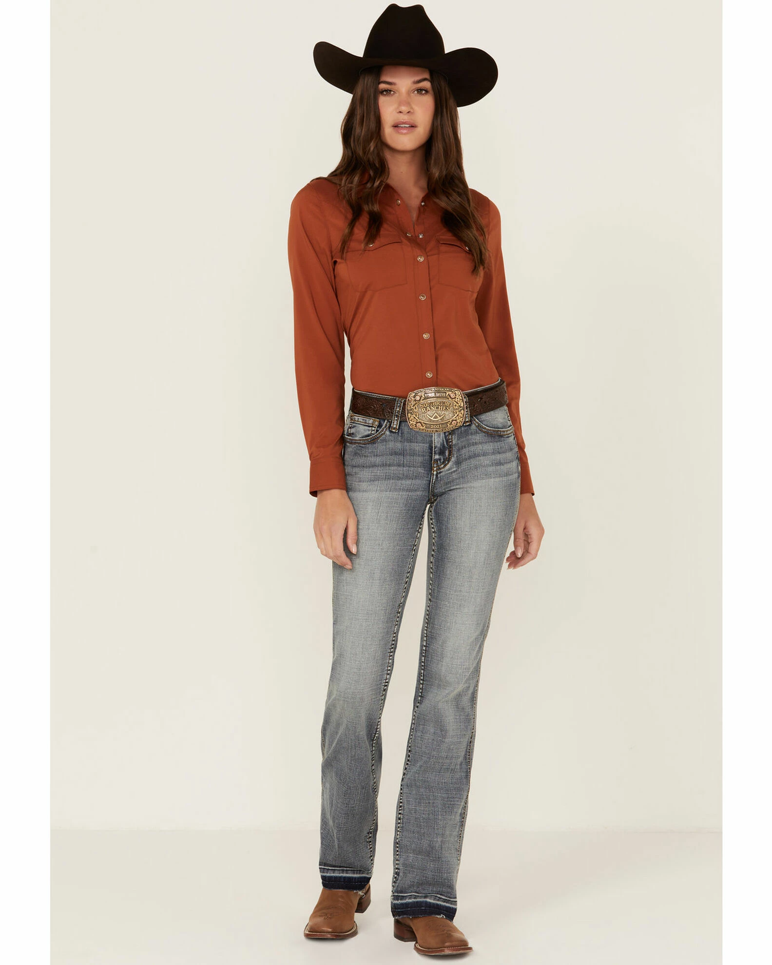 Rank 45 Women's Outdoor Riding Vented Yoke Long Sleeve Snap Shirt Rust Copper 5 Rank 45 Women's Outdoor Riding Vented Yoke Long Sleeve Snap Shirt Rust Copper - Image 3