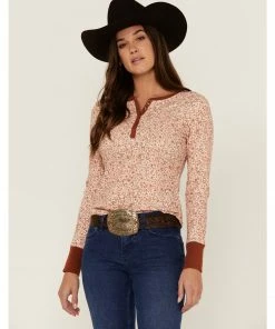 Rank 45 Women's Floral Thermal Henley Top Rust Copper