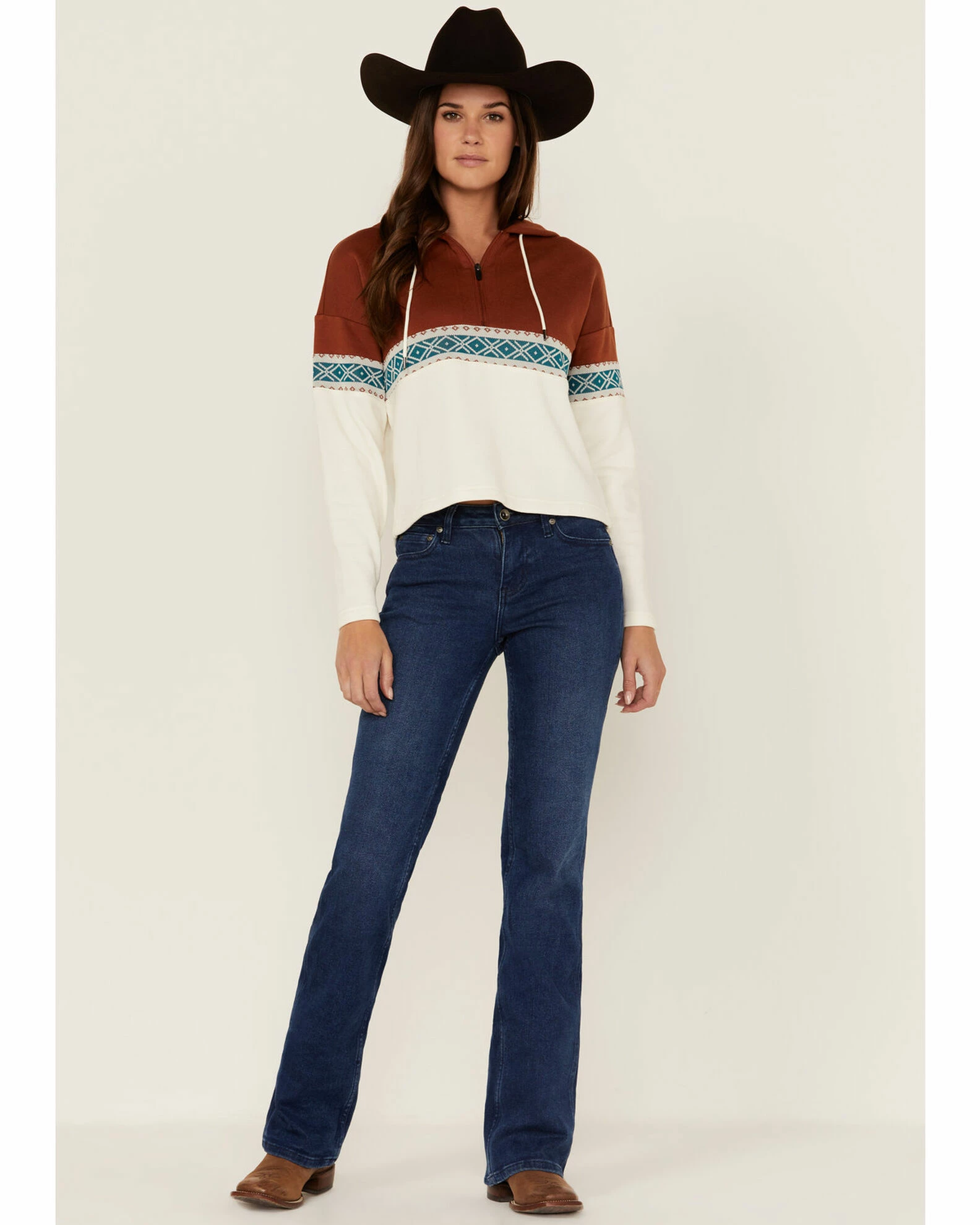 Rank 45 Women's Colorblock Half Zip Southwestern Hooded Pullover Sweatshirt Ivory 4 Rank 45 Women's Colorblock Half Zip Southwestern Hooded Pullover Sweatshirt Ivory - Image 2