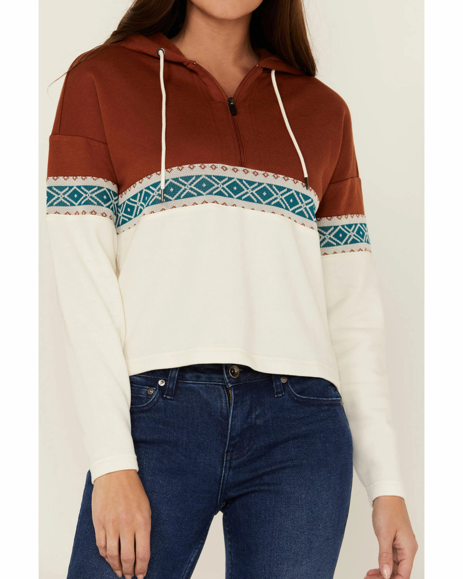 Rank 45 Women's Colorblock Half Zip Southwestern Hooded Pullover Sweatshirt Ivory 5 Rank 45 Women's Colorblock Half Zip Southwestern Hooded Pullover Sweatshirt Ivory - Image 3