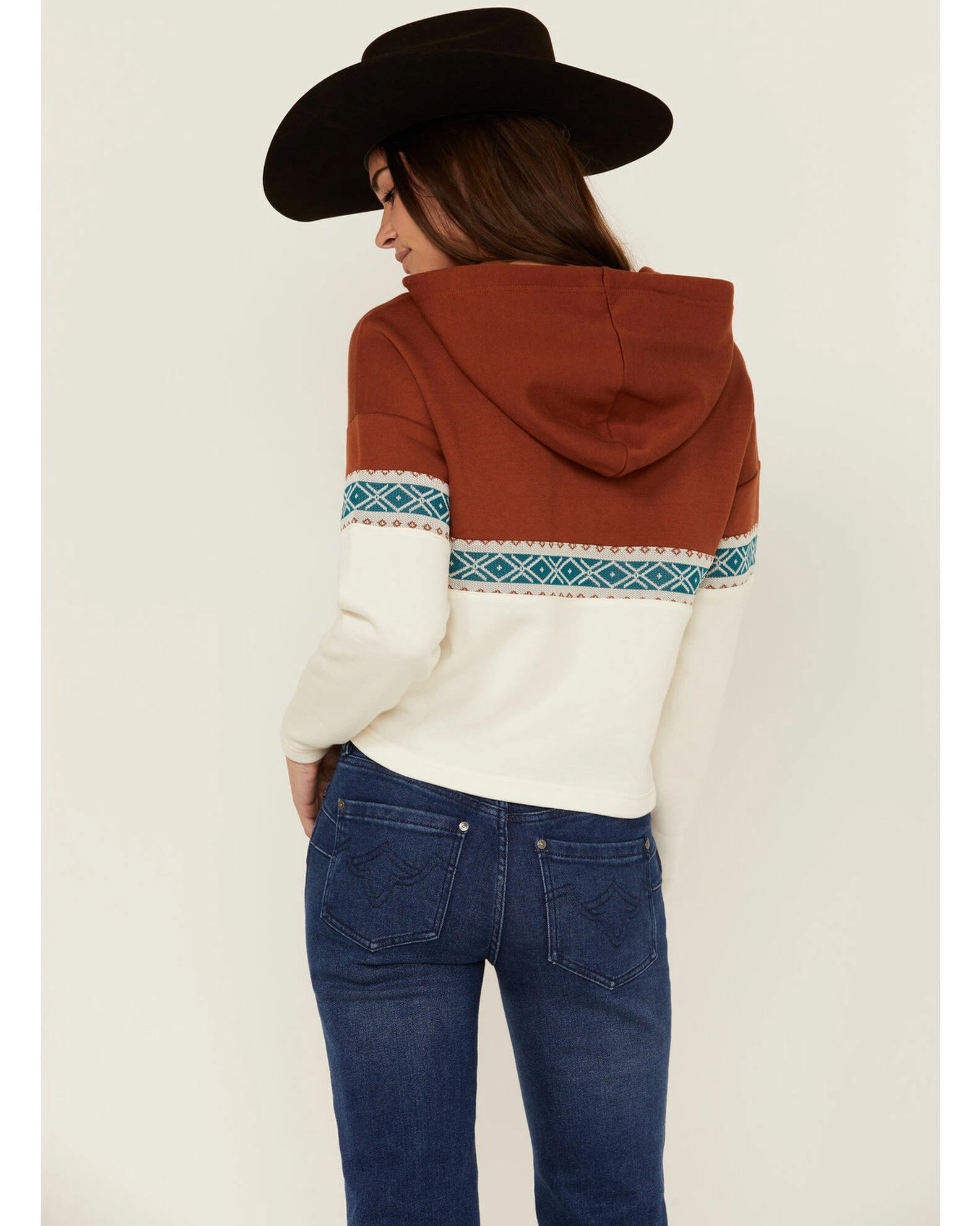 Rank 45 Women's Colorblock Half Zip Southwestern Hooded Pullover Sweatshirt Ivory 6 Rank 45 Women's Colorblock Half Zip Southwestern Hooded Pullover Sweatshirt Ivory - Image 4