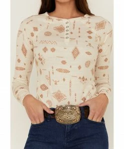 Rank 45 Women's Southwestern Toss Print Thermal Henley Top Ivory -Rank 45 shop 2000358414 103 P3