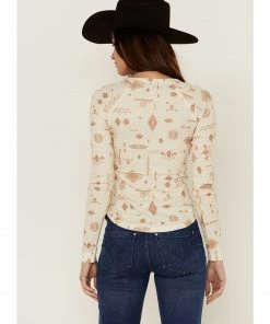 Rank 45 Women's Southwestern Toss Print Thermal Henley Top Ivory -Rank 45 shop 2000358414 103 P4