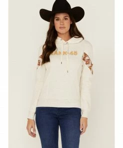 Rank 45 Women's Logo Southwestern Sleeve Trim Pulllover Hooded Sweatshirt Oatmeal