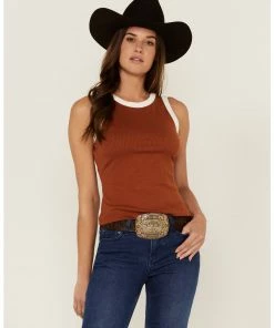 Rank 45 Women's Ribbed Rust Contrast High Neck Tank Rust Copper