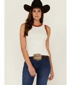 Rank 45 Women's Ribbed White Contrast High Neck Tank