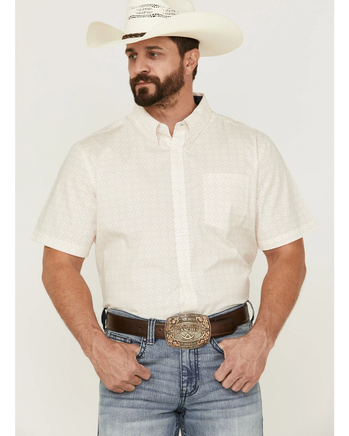 Rank 45 Men's Mustang Geo Print Short Sleeve Button-Down Western Shirt Cream 7 Rank 45 Men's Mustang Geo Print Short Sleeve Button-Down Western Shirt Cream - Image 5