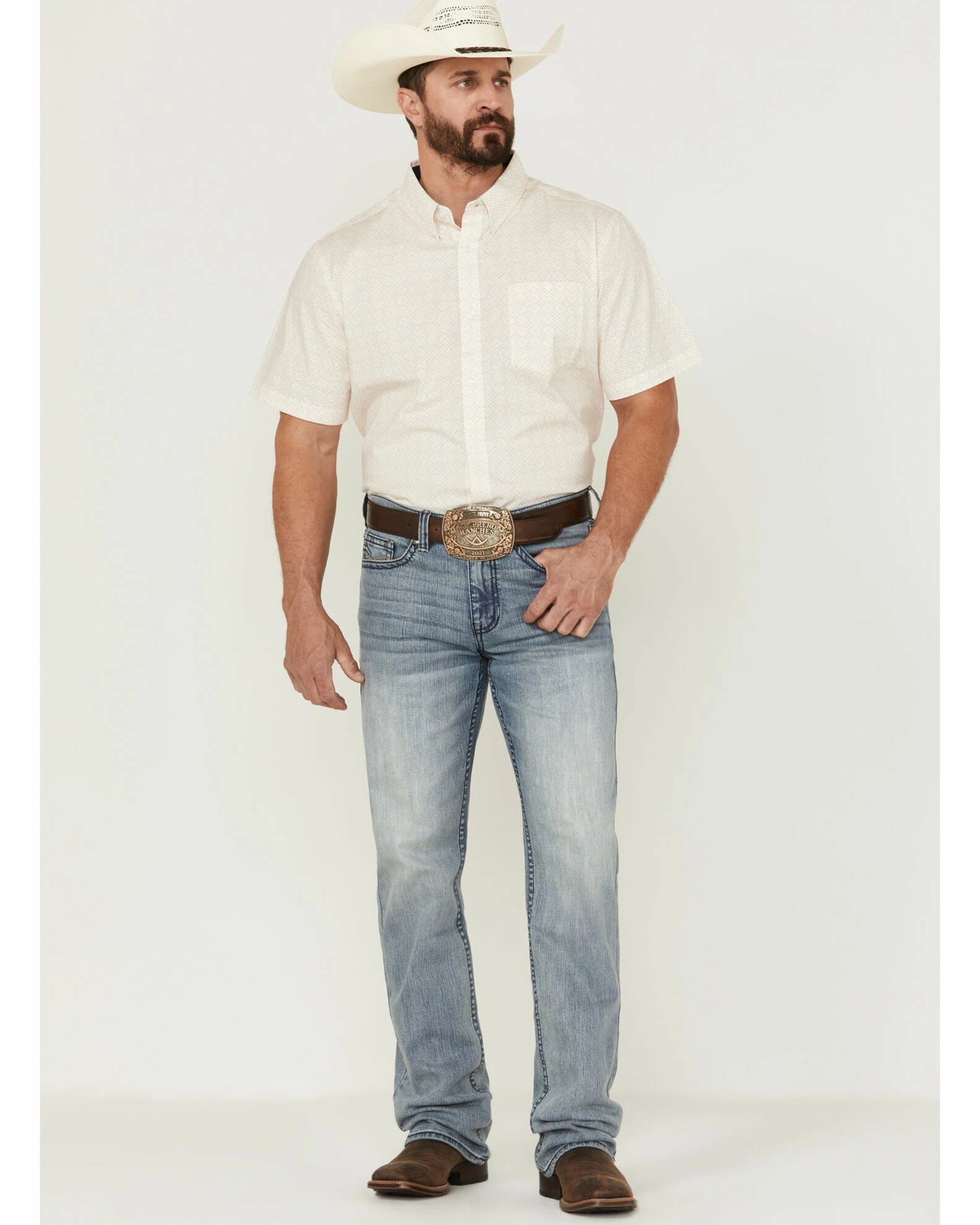 Rank 45 Men's Mustang Geo Print Short Sleeve Button-Down Western Shirt Cream 4 Rank 45 Men's Mustang Geo Print Short Sleeve Button-Down Western Shirt Cream - Image 2