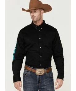 Rank 45 Men's Solid Performance Twill Logo Long Sleeve Button-Down Western Shirt Black