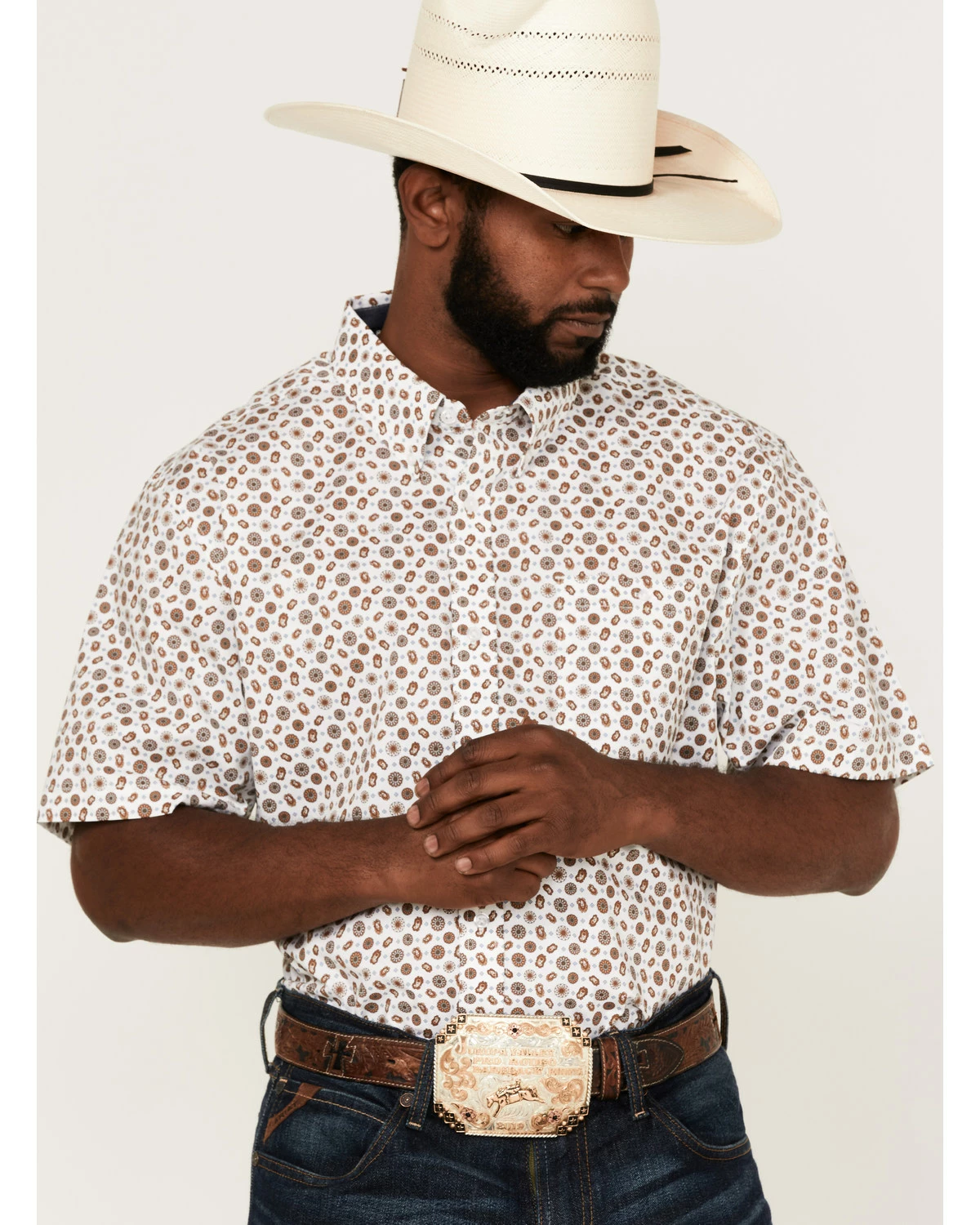 Rank 45 Men's Buford Geo Print Short Sleeve Button-Down Western Shirt White 7 Rank 45 Men's Buford Geo Print Short Sleeve Button-Down Western Shirt White - Image 5