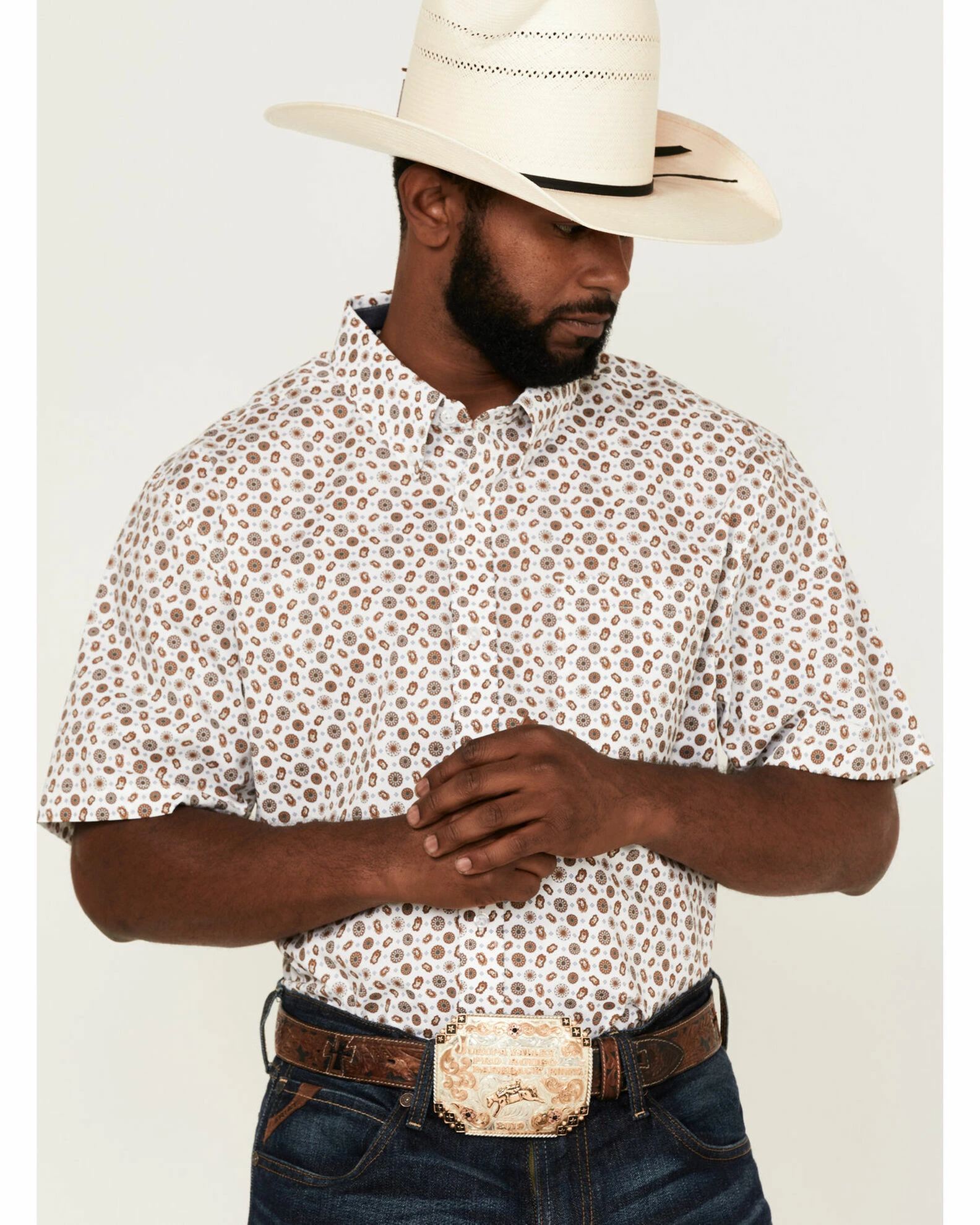 Rank 45 Men's Buford Geo Print Short Sleeve Button-Down Western Shirt White 3 Rank 45 Men's Buford Geo Print Short Sleeve Button-Down Western Shirt White