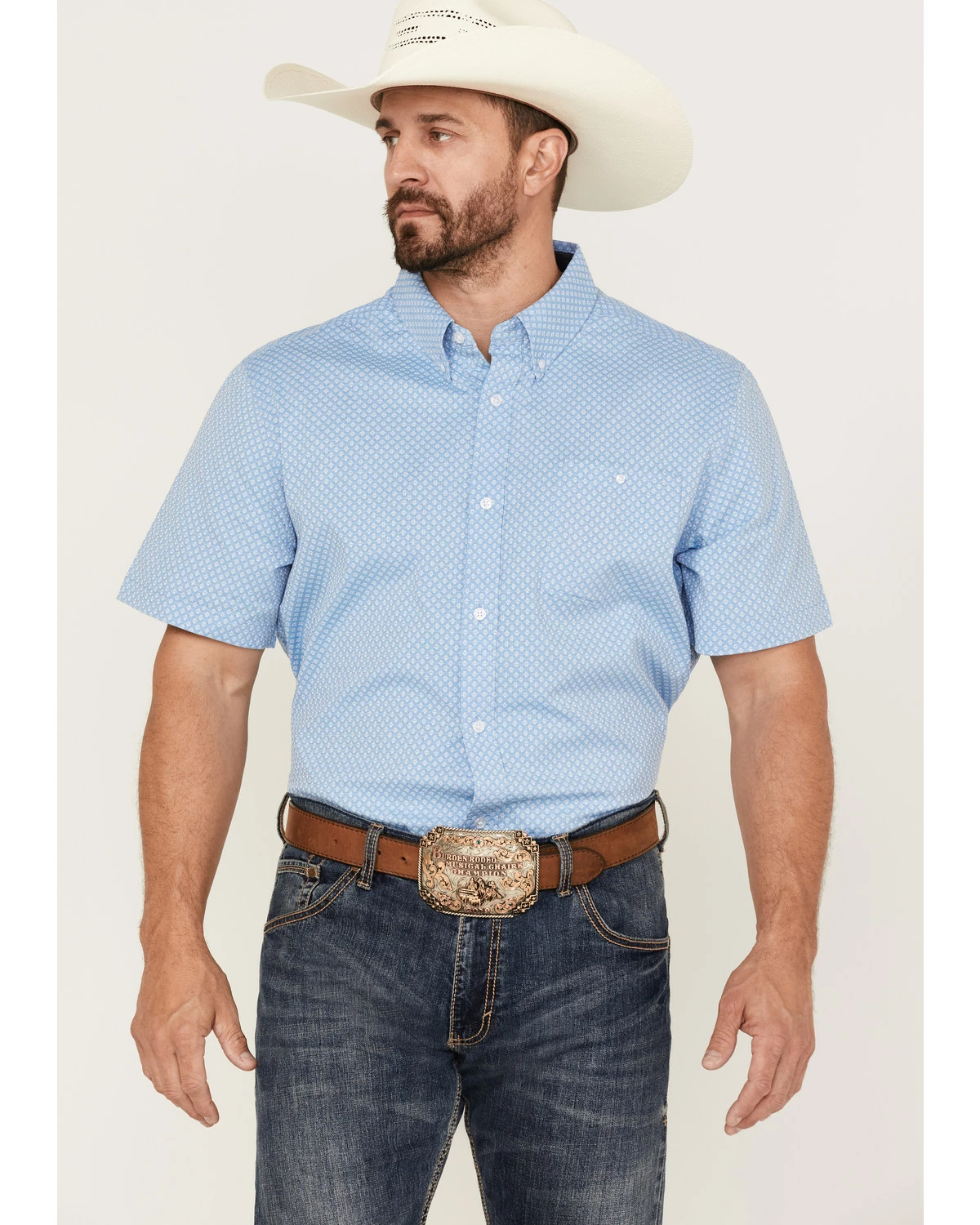 Rank 45 Men's Cantle Geo Print Short Sleeve Button-Down Western Shirt Light Blue 7 Rank 45 Men's Cantle Geo Print Short Sleeve Button-Down Western Shirt Light Blue - Image 5