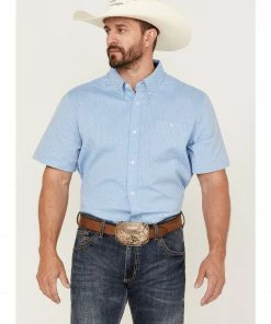 Rank 45 Men's Cantle Geo Print Short Sleeve Button-Down Western Shirt  Light Blue