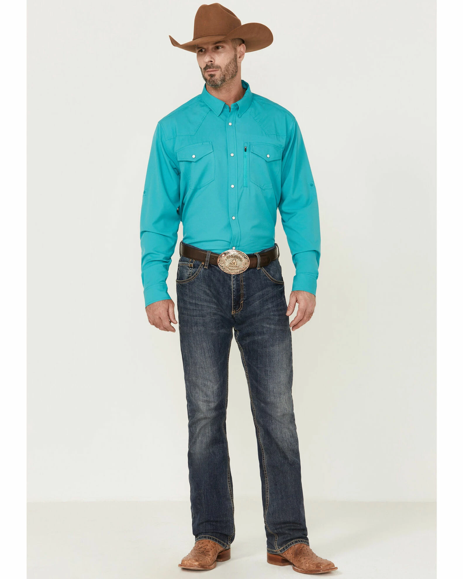 Rank 45 Men's Roughie Tech Short Sleeve Snap Western Shirt Turquoise 4 Rank 45 Men's Roughie Tech Short Sleeve Snap Western Shirt Turquoise - Image 2