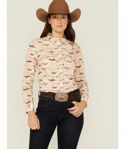 Rank 45 Women's Southwestern Desert Scene Print Long Sleeve Western Snap Shirt Ivory