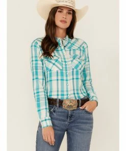 Rank 45 Women's Plaid Long Sleeve Snap Riding Western Shirt Turquoise -Rank 45 shop 2000365661 440 P1 1