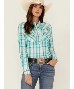 Rank 45 Women's Plaid Long Sleeve Snap Riding Western Shirt Turquoise