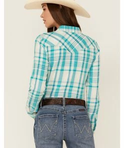 Rank 45 Women's Plaid Long Sleeve Snap Riding Western Shirt Turquoise -Rank 45 shop 2000365661 440 P4