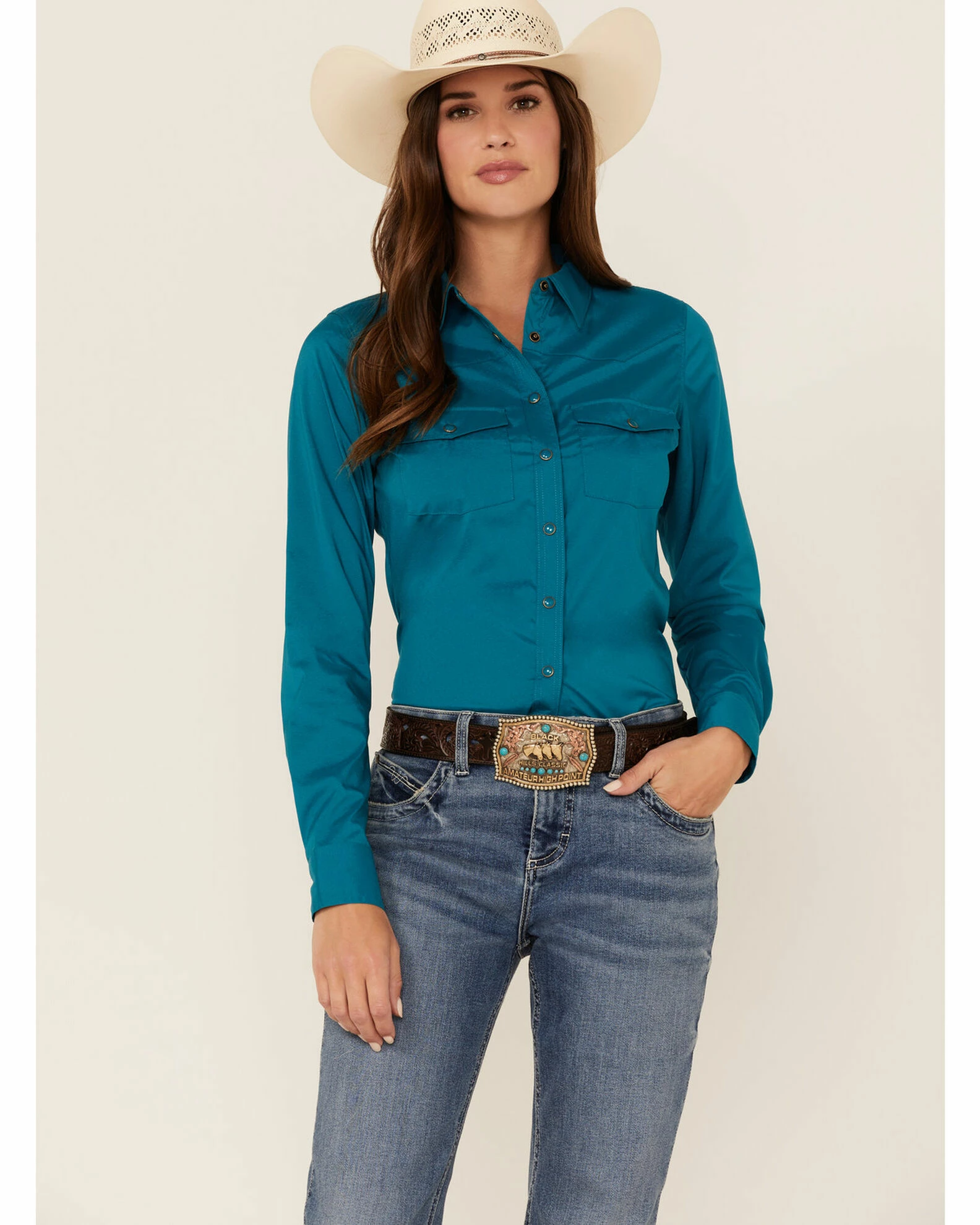 Rank 45 Women's Vented Performance Outdoor Long Sleeve Snap Western Shirt Teal 3 Rank 45 Women's Vented Performance Outdoor Long Sleeve Snap Western Shirt Teal