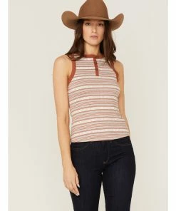 Rank 45 Women's Southwestern Stripe Henley Tank Top Rust Copper