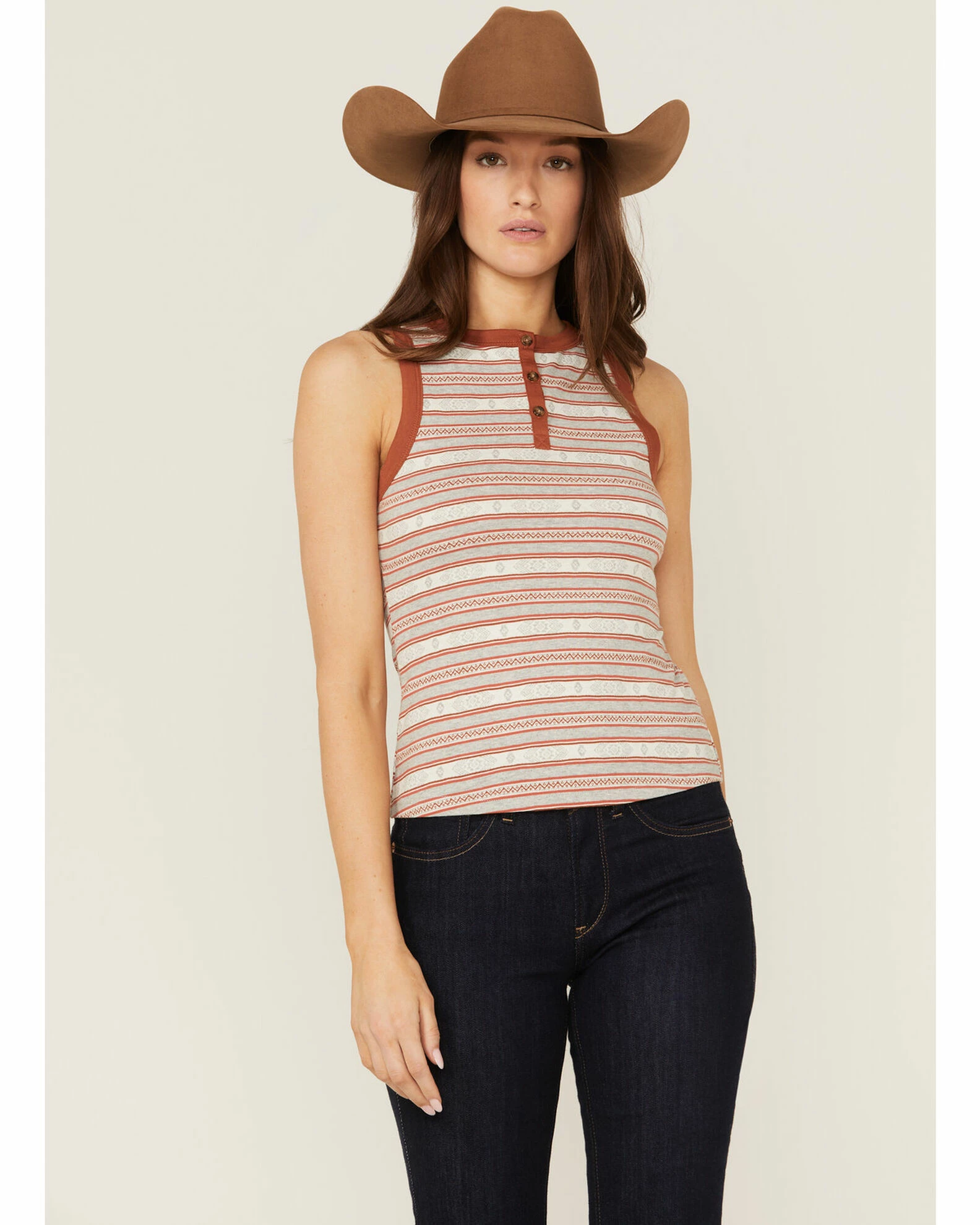 Rank 45 Women's Southwestern Stripe Henley Tank Top Rust Copper 3 Rank 45 Women's Southwestern Stripe Henley Tank Top Rust Copper