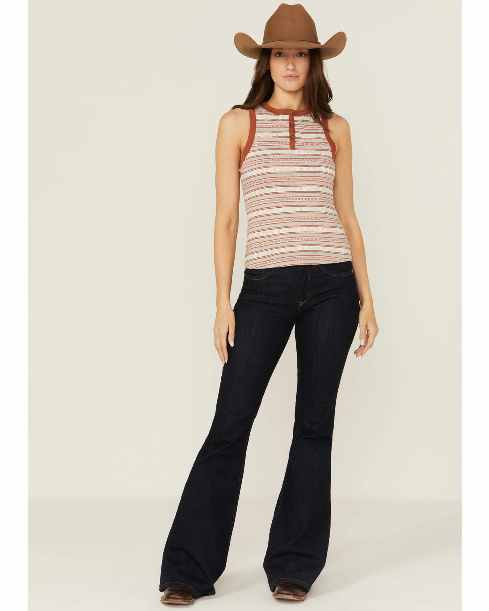 Rank 45 Women's Southwestern Stripe Henley Tank Top Rust Copper 4 Rank 45 Women's Southwestern Stripe Henley Tank Top Rust Copper - Image 2