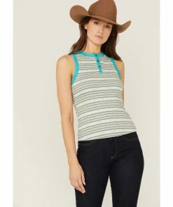 Rank 45 Women's Southwestern Stripe No Yank Henley Tank Teal