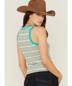 Rank 45 Women's Southwestern Stripe No Yank Henley Tank Teal -Rank 45 shop 2000365665 442 P4